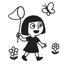 Black and White Cartoon of a Child Chasing Butterfly - Nature Exploration Illustration