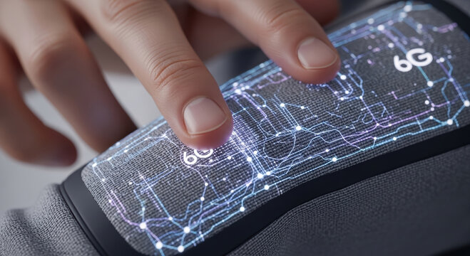 Futuristic wearable device with digital interface showing 6g network, advanced technology, innovation, and seamless connectivity