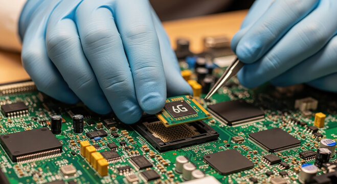 Technician with blue gloves installs 6g network chip on green circuit board in laboratory, advanced technology innovation
