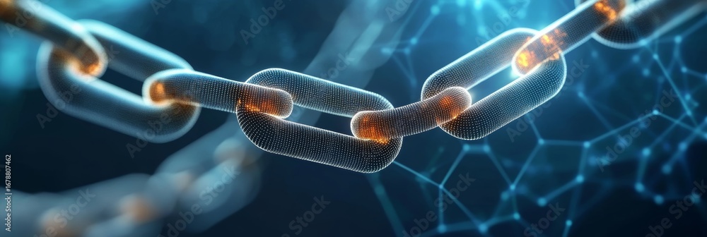 Poster futuristic digital blocks linked by golden chains abstract blockchain network technology design