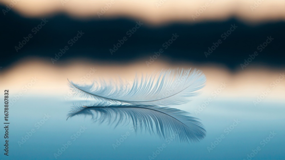 Poster a delicate feather softly floating on the calm water s surface, creating a serene atmosphere.