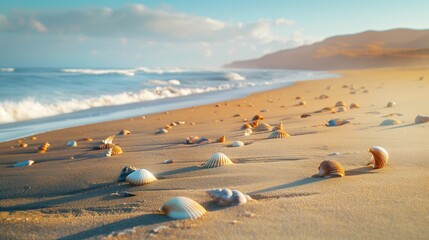 A pristine beach with golden sand dunes, seashells scattered along the shore, and waves crashing in the distance.