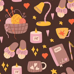 Seamless pattern with cozy hand-drawn home objects: slippers, mugs, books and candles in warm pastel tones on dark brown background for textiles, wrapping, packaging and lifestyle projects