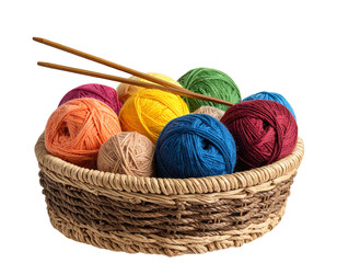  Basket Filled with Colorful Yarn Balls and Knitting Needles, Transparent PNG