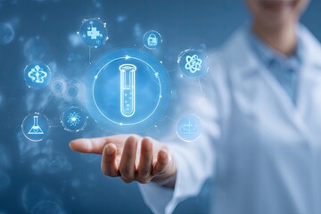 Medical research and scientific innovation concept with test tube icon.