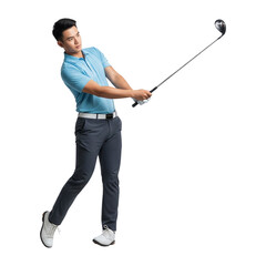 male golfer in a swing on Isolated transparent background png. generated with AI