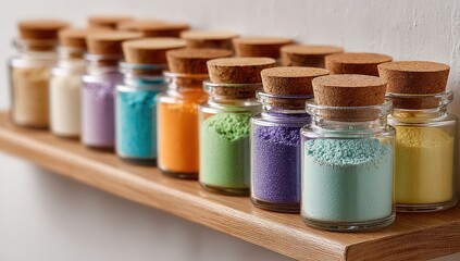 Colorful powders in small glass jars with cork lids on a wooden shelf
