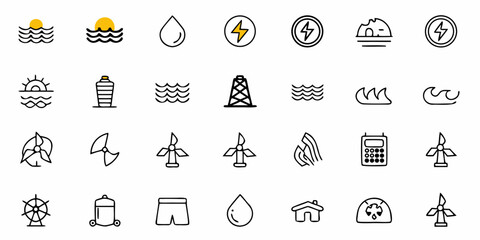 Sustainable living icons showcase renewable energy sources and environmental awareness initiatives