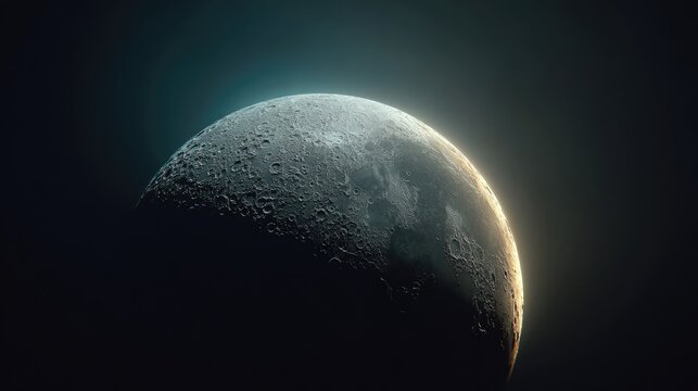 a celestial view of the moon's surface, glowing softly against a backdrop of a deep dark sky. The moon displays a detailed topography, filled with craters and rugged terrain. - Powered by Adobe