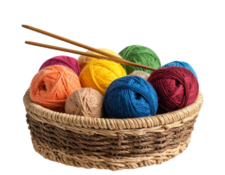 Basket Filled with Colorful Yarn Balls and Knitting Needles, Transparent PNG