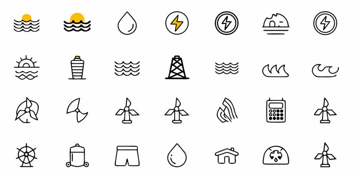 Sustainable living icons showcase renewable energy sources and environmental awareness initiatives