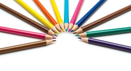 Naklejka premium Vibrant Colored Pencils Arranged in a Semicircle on White Background for Art, Creativity & Education