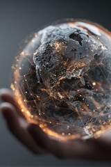 Fototapeta premium Hand holds glowing globe, network lines