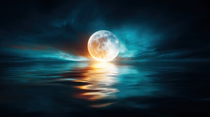 A stunning image of a bright moon illuminating a calm water surface, creating captivating reflections. This scene evokes tranquility and a sense of peaceful solitude at night.
