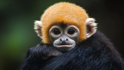 Fototapeta premium Curious gibbon infant peers over mothera??s shoulder in rainforest 32k, full ultra hd, high resolution