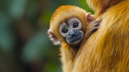 Curious gibbon infant peers over mothera??s shoulder in rainforest 32k, full ultra hd, high resolution