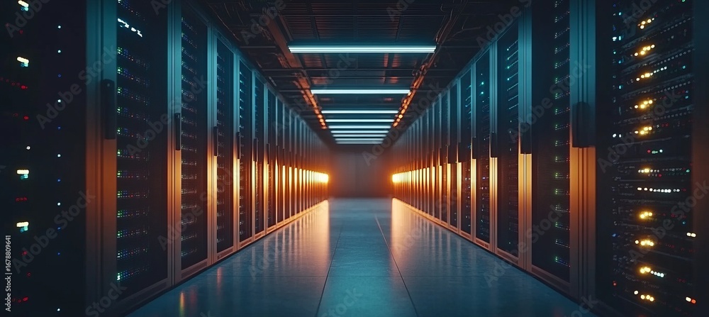Poster modern data center interior featuring advanced server racks and network infrastructure design