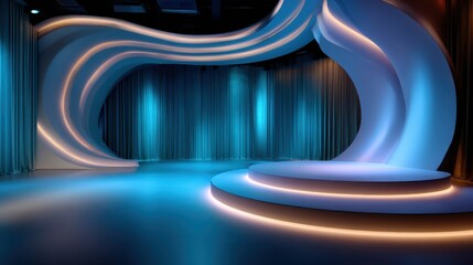 An elegantly designed stage features soft lighting and a flowing curved structure, creating a modern environment perfect for presentations or performances in a visually appealing manner.