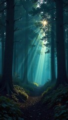 Mysterious, shadowy depths of a dark forest at twilight Ancient trees loom, sunlight barely piercing the dense canopy A sense of eeriness and mystery pervades the scene , serene, branches, trail