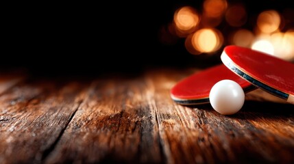 Two ping pong paddles and a ball lie on a rustic wooden table, suggesting a casual game setting that evokes camaraderie and joyful memories among friends.