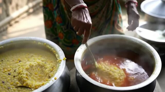 Making a traditional Bengali bhog khichuri and labra.