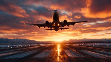 An airplane ascending against a breathtaking sunset sky, capturing the beauty of travel and adventure, ideal for showcasing aviation and wanderlust themes.