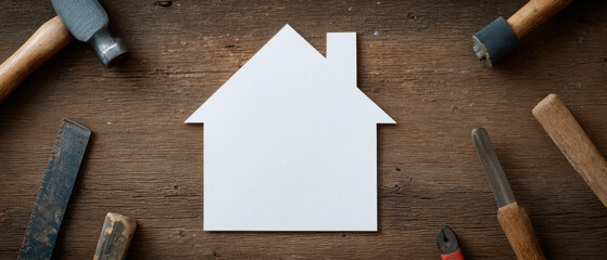 Paper house cutout on wooden table with repair tools suggesting home renovation and planning