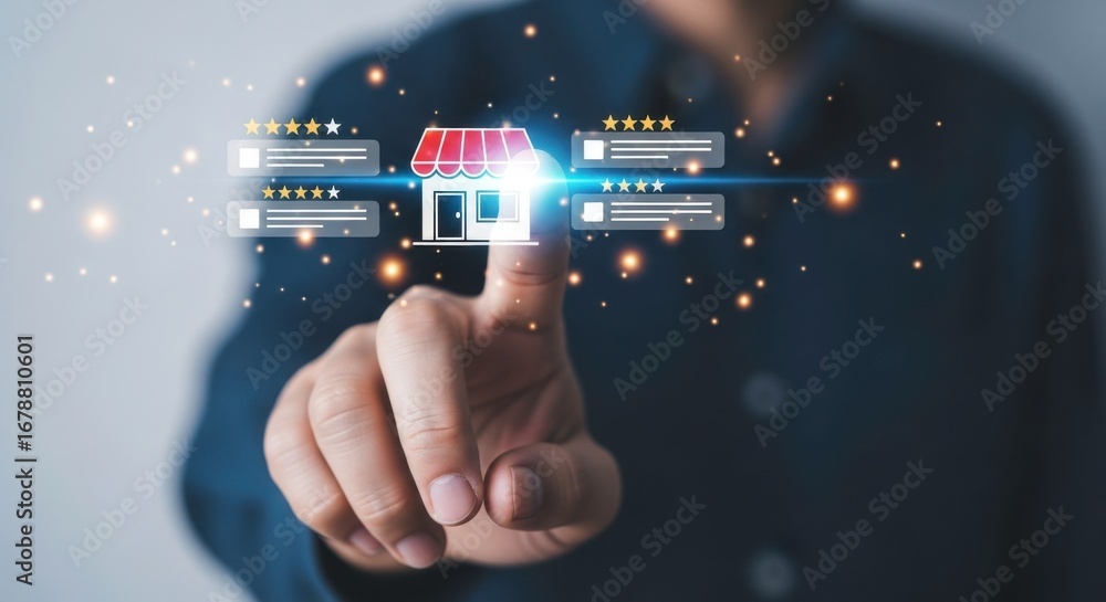 Poster person touching store icon with reviews in a digital interface on a dark background