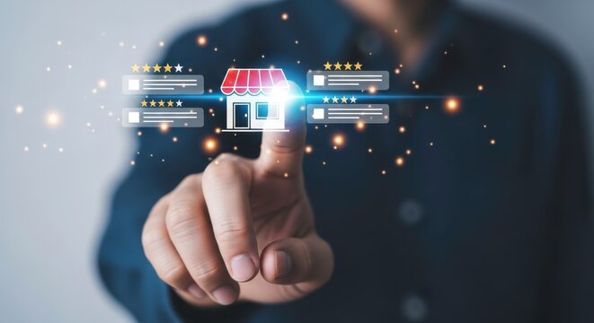 Person touching store icon with reviews in a digital interface on a dark background