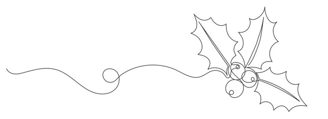 Christmas holly. Christmas decoration. Continuous editable line drawing
