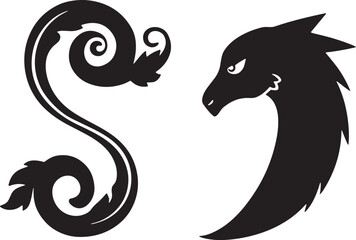 Mythical dragon head and ornate swirl design silhouette for creative projects