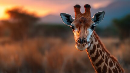 Obraz premium A striking giraffe gazes into the camera as the sun sets in the background, creating a stunning contrast and emphasizing the beauty of wildlife at dusk.