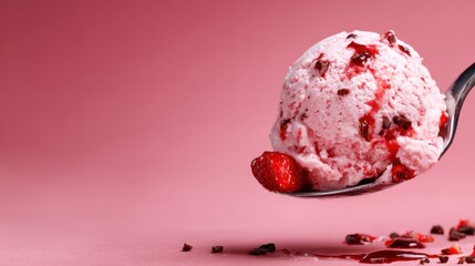 A delectable spoonful of strawberry ice cream drizzled with sauce, set against a playful pink background, inviting indulgence and evoking joys of simple culinary pleasures.