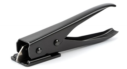 Black price tag gun for retail and merchandise labeling, isolated on white background