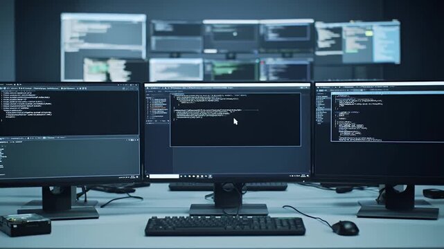 Inside Ethical Hacking Operations Center with Multiple Monitors Displaying Code Data and Network Information in Dimly Lit Room, Focus on Cybersecurity Data Analysis and Network Security