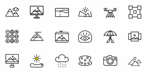 Diverse icon collection showcasing photography, nature, weather, and technology concepts with modern line art style