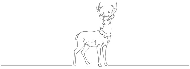 One continuous line drawing of deer. Silhouette of deer for Christmas symbol. Editable stroke. Vector illustration.