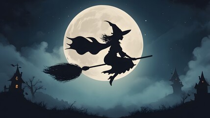 Silhouette Witch Flying on Broomstick in Front of Full Moon in Dark Night Scene