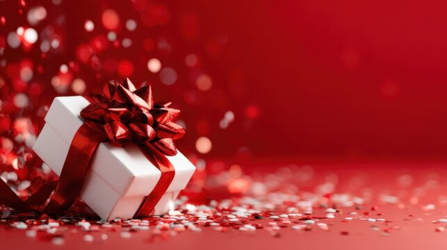A beautifully wrapped gift box adorned with a red ribbon, surrounded by colorful confetti, creating a joyful and celebratory atmosphere perfect for special occasions.