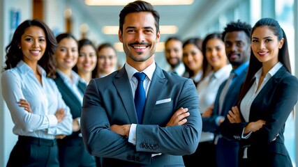 Diverse business team smiling confidently in modern office environment with professional colleagues standing together - Powered by Adobe