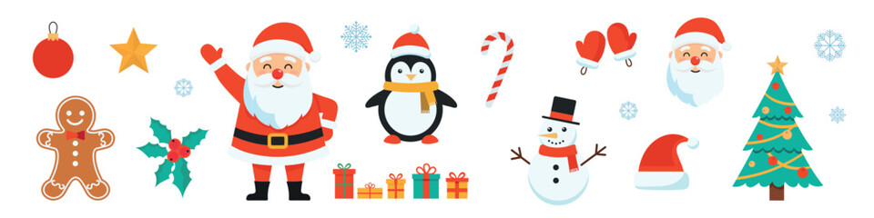 Set of New Year decorative elements. Snowman, gifts, toys, Christmas tree, penguin, gingerbread on a white background