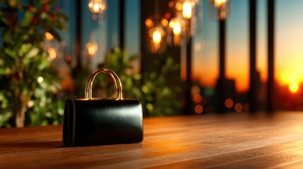 A sophisticated black handbag elegantly displayed on a polished wooden table, capturing a sunset with warm hues, creating a luxurious and stylish ambiance.
