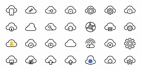 Modern cloud icons symbolizing data, connectivity, settings, and user management for digital innovation and tech concepts