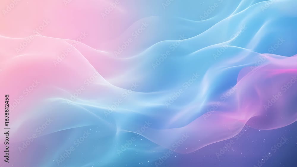 Poster dynamic and fluid motion showcases colorful waves of pink and blue transitioning against a light bac