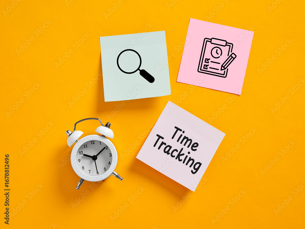 Poster time tracking concept with alarm clock and sticky notes showing magnifying glass and checklist