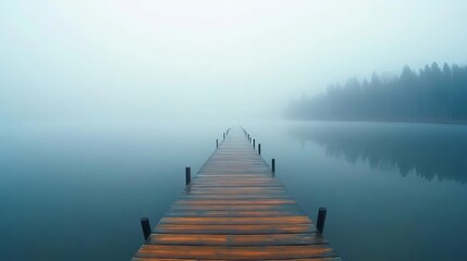 Fototapeta premium Serene Lakeside with Long Wooden Pier Surrounded by Fog, Evoking Tranquility and Peacefulness