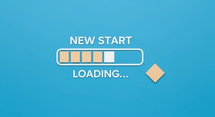 A loading bar with new start text on blue background with a square shape element