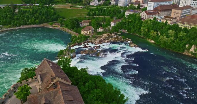 Aerial view of waterfall The Rhine Falls Neuhausen at summer Switzerland 