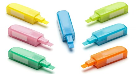 Collection of Vibrant Fluorescent Highlighters Scattered on White Background