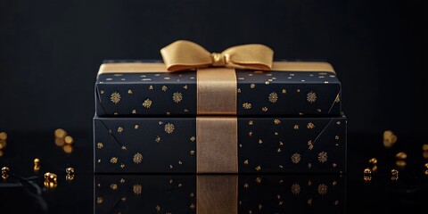 A beautifully wrapped gift box sits on a dark, reflective surface. The box is wrapped in black paper adorned with gold snowflakes.